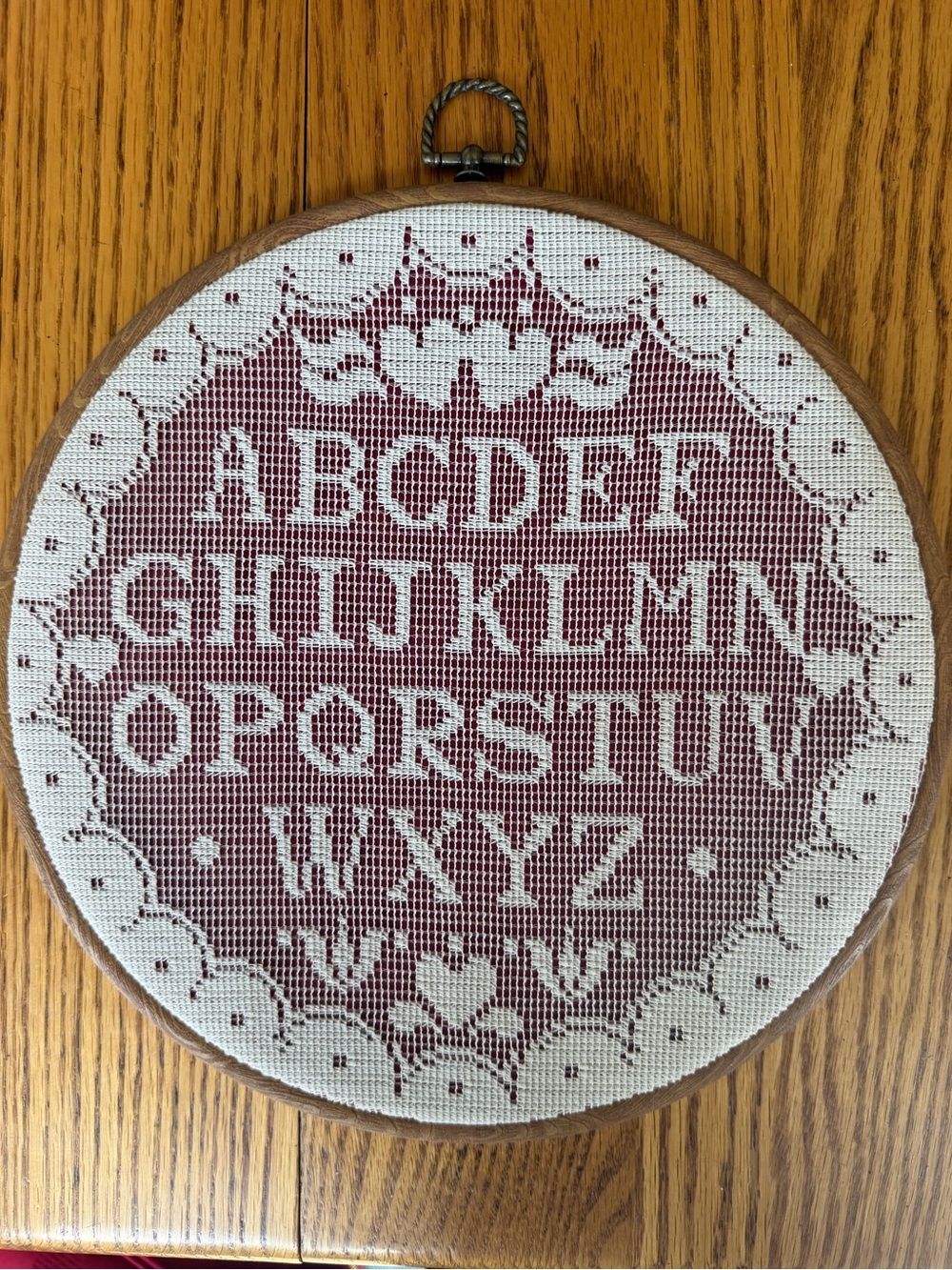 Vintage Handmade Cross Stitch Alphabet Hoop - White on Burgundy